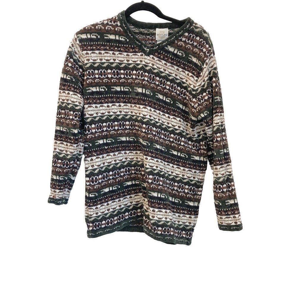 Vintage Bentley Sweater Adult M Green Brown Acrylic Crew Pullover Holiday Party